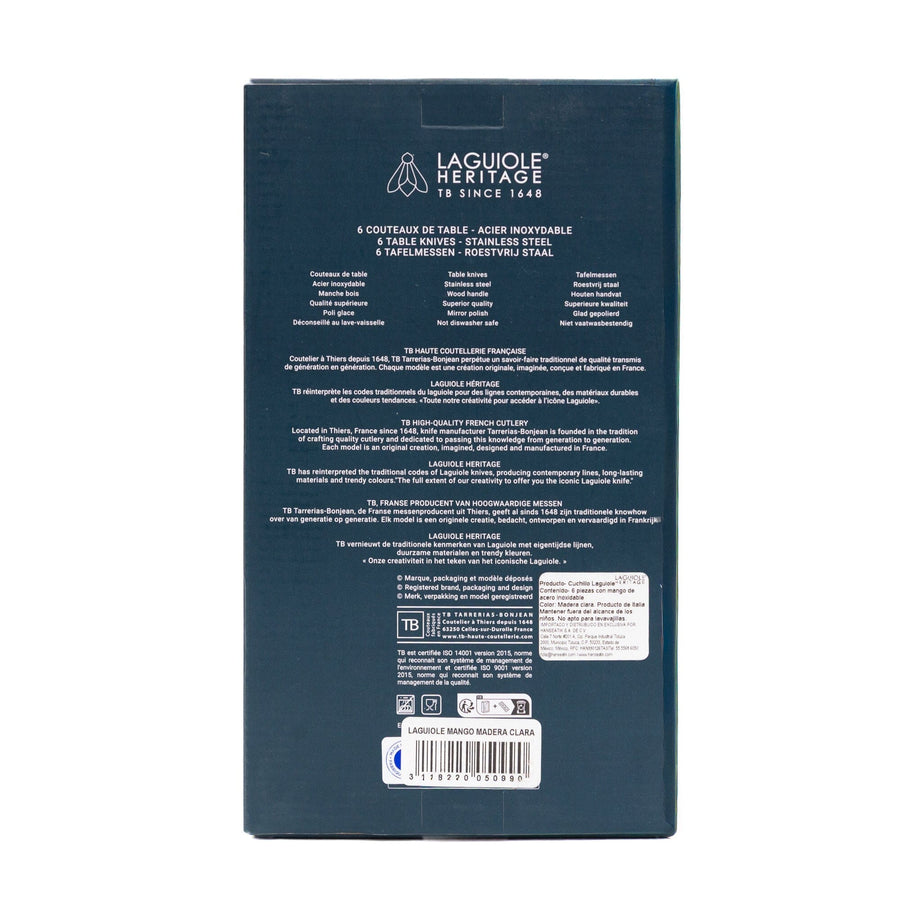 Laguiole - Set de 6 Cuchillos Laguiole Mango Madera Clara Cuchillería Laguiole
