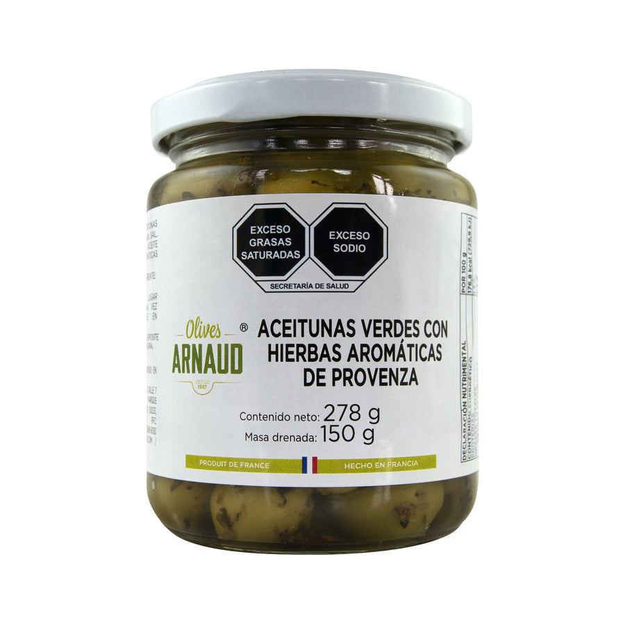 Olives Arnaud - Aceitunas Verdes con Hierbas de Provence 150g Conservas Olives Arnaud